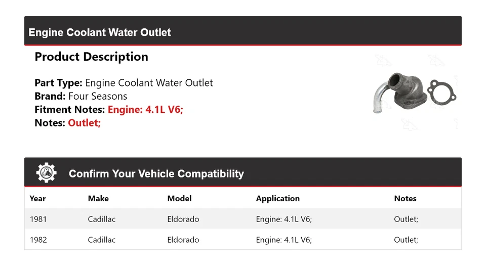 For 1981-1982 Cadillac Eldorado 4.1L V6 Engine Coolant Water Outlet 4 Seasons - Image 2 of 4