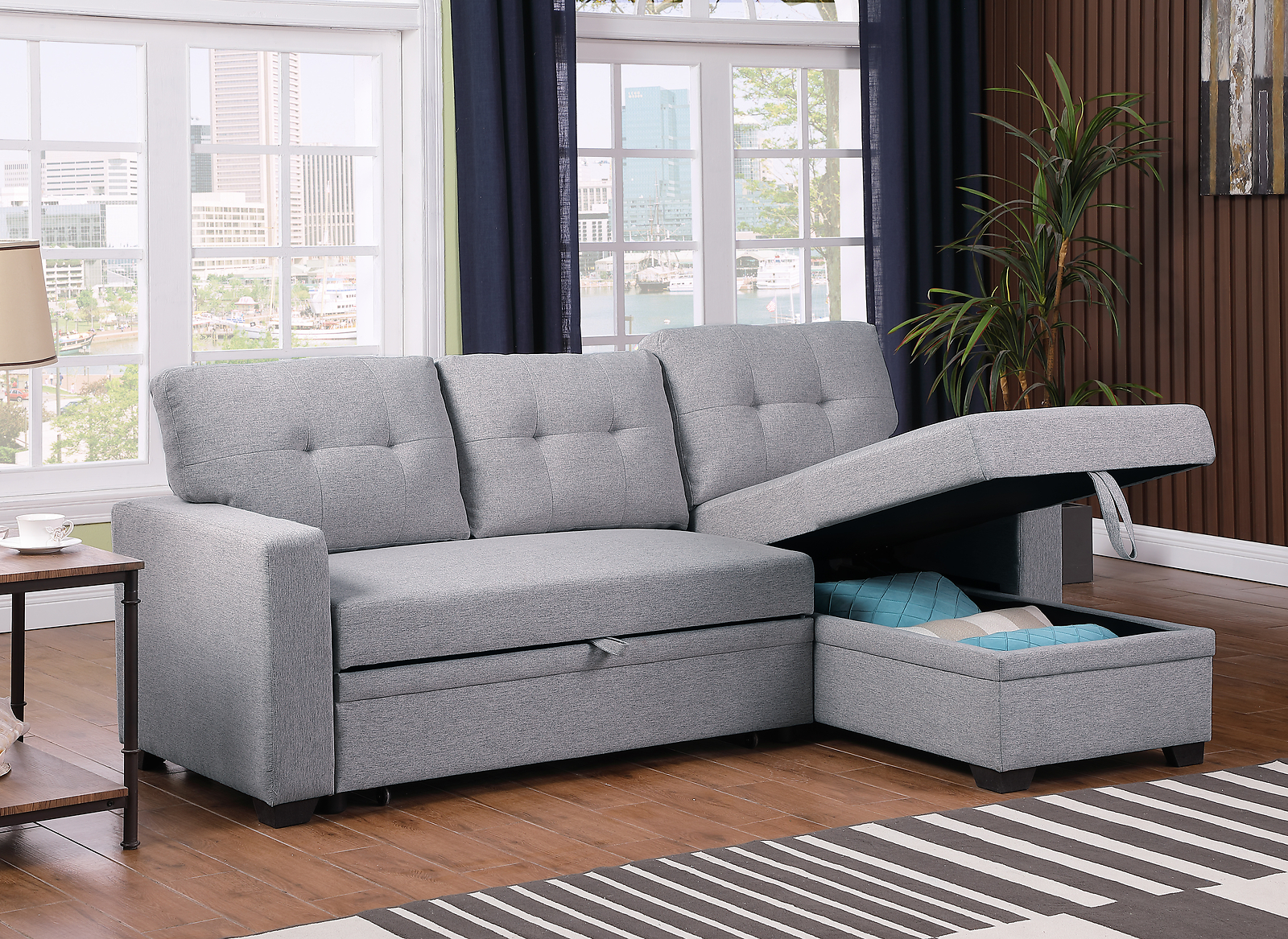 Upholstered Pull-Out Sectional Sofa with Chaise Lounge and Storage  