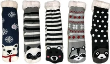 Women Winter Plush Lined Non Slip Long Sherpa Socks Animal Faces Slipper Sock