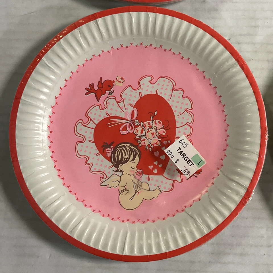 Platos de San Valentín de caña vintage 7" corazones recubiertos de plástico Baby Shower 8ea lote de 4 Foto 4 de 4