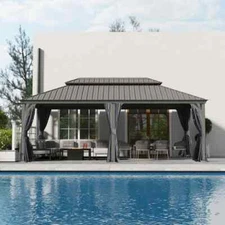 Domi 14x22Ft Hardtop Gazebo Double Roof w/Curtain&Netting,Built-in gutter system