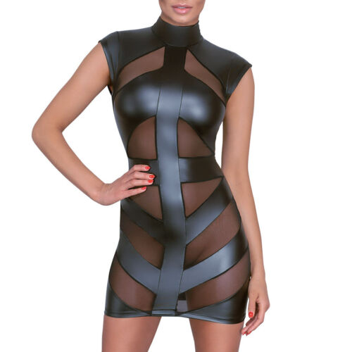 Sexy Mini-Kleid M-XL schwarz matter Wetlook Netz transparent Club Party "Nofre" - Bild 1 von 8