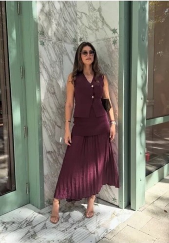 ZARA FW24 WOMAN HIGH-WAIST COMBINED PLEATED KNIT SKIRT BURGUNDY M 4192/016/606