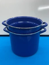 BLUE SPECKLED ENAMEL STOCK POT SOUP & STRAINER/ STEAMER  2PCS. ONLY 9" tall