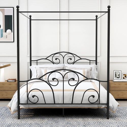 Elegant Queen Canopy Bed: Four-Poster Metal Platform with Headboard/Footboard - Picture 8 of 11