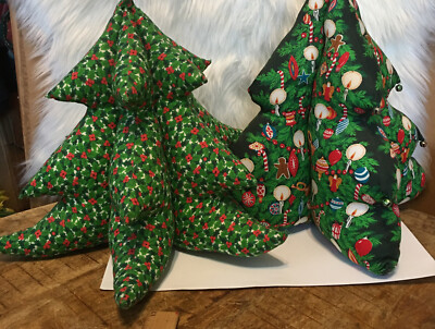 3D Stuffed Plush Christmas Tree Handmade Lot Of 2 Ginger Bread And Berries Green