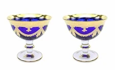Interglass Italy 2-pc Luxury Blue Vintage Glass Compote Serving Bowl, 24K Gold