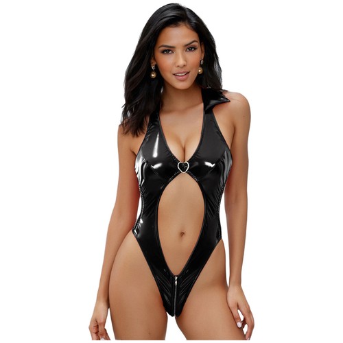 Body de peluche hueco de aspecto húmedo de leotardo de cuero sintético para mujer traje de gato con gargantilla - Imagen 47 de 72