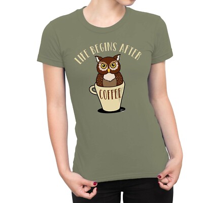 1Tee Damen T-Shirt Life Begins After Coffee Eule
