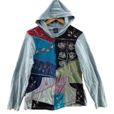 Sacred Threads Jacket Womens M/L Baby Blue Patchwork Embroidered Full Zip Hood