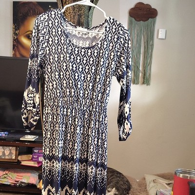 Sheen Lily Maternity M Blue White Geometric Knit A-Line Midi 3/4 Sleeve