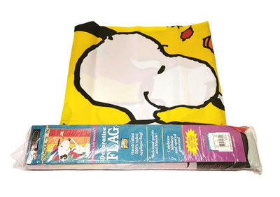 Vintage Snoopy Flags School's In and Jumping in Fall Leaves 40x28 NOS 2pc