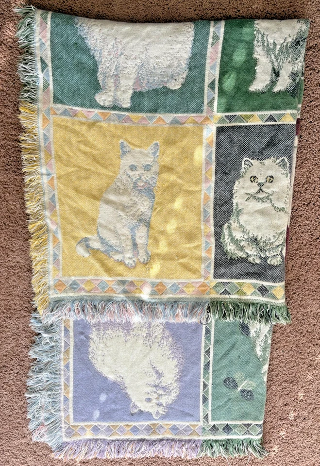 Manta de tapiz vintage • Tejido jacquard • Flecos • Gato Cottagecore de los años 90 Foto 3 de 4