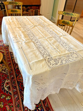 XTRA LARGE WHITE LINEN HEAVY TABLECLOTH, EMBROIDERY, CUTWORK, WIDE LACE BORDER