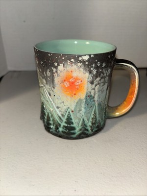 Dow Redcorn Studio Pottery Mug Artisan Handmade Forest Sunrise Hand Carved Cup