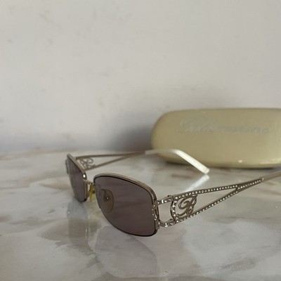 RARE Vintage Blumarine Gold Frame Sunglasses Rhinestone Logo Brown Gradient Lens