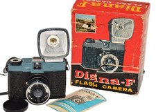 Vintage Diana-F Flash Camera With Flash Strap Box Manual No. 162 Hong Kong