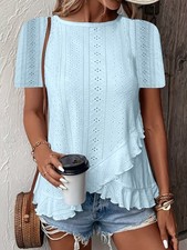 UK Womens Summer Frill Hem Tops Shirts Short Sleeve Casual Blouse Tee SIZE 6-18