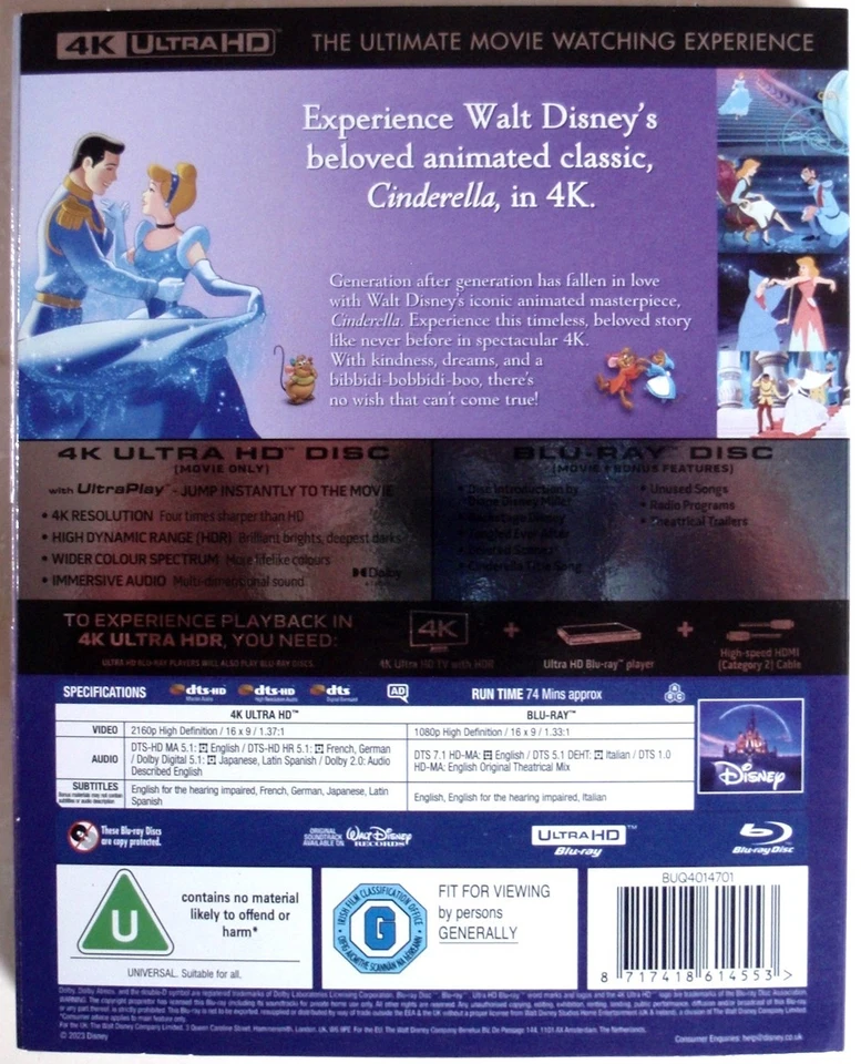 CINDERELLA - 1950 - 4K ULTRA HD UHD & BLU-RAY - DISNEY - Image 2 of 2