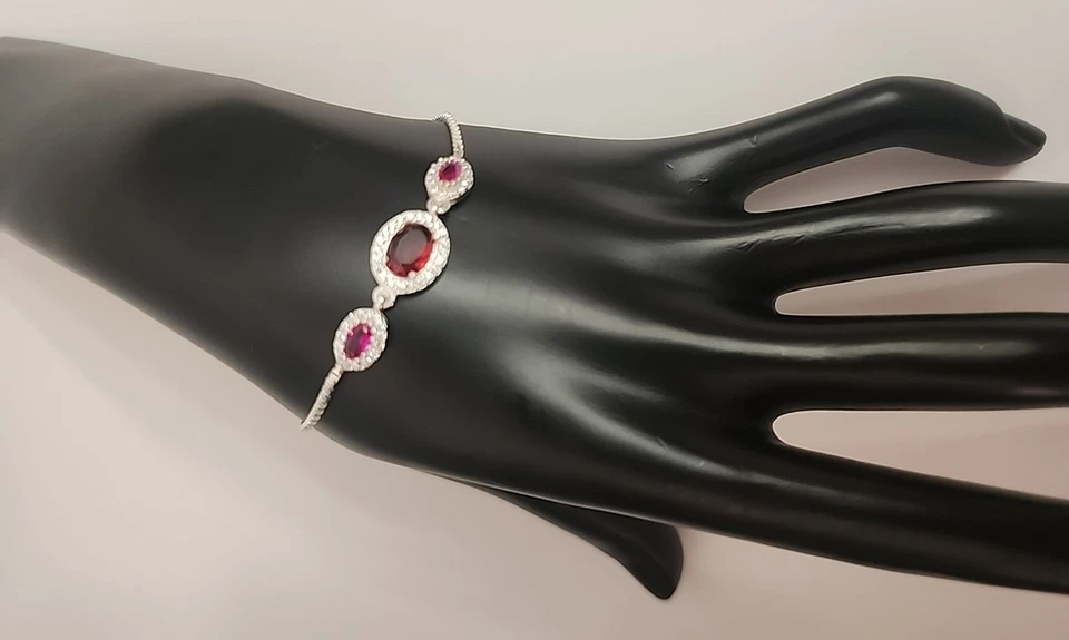 925 Silver Adjustable Bracelet Ruby Red Oval Stones & CZ Accents – NWOT B28 - Image 2 of 4