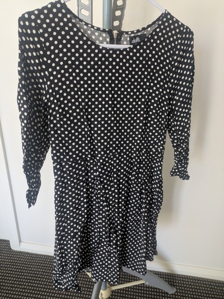 Dotti Black/White Polka Dot Fit & Flare Short Dress Round Neck 3/4 Sleeve 8