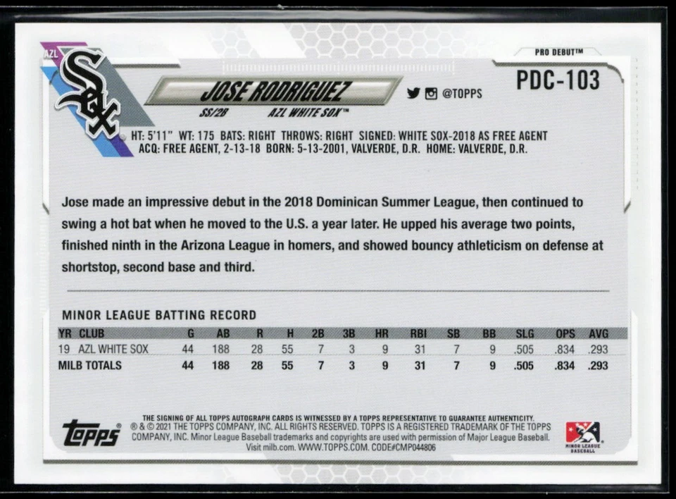 2021 Topps Pro Debut Autographs #PDC-103 Jose Rodriguez - Image 2 of 2