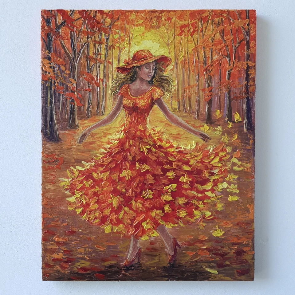 Pintura a óleo original outono mulher vestido vermelho paisagem lona outono impressionista - Imagem 3 de 4