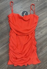 Nookie Tangerine Ruched Mini Dress Adjustable Straps Large Ruffle Hem NWT