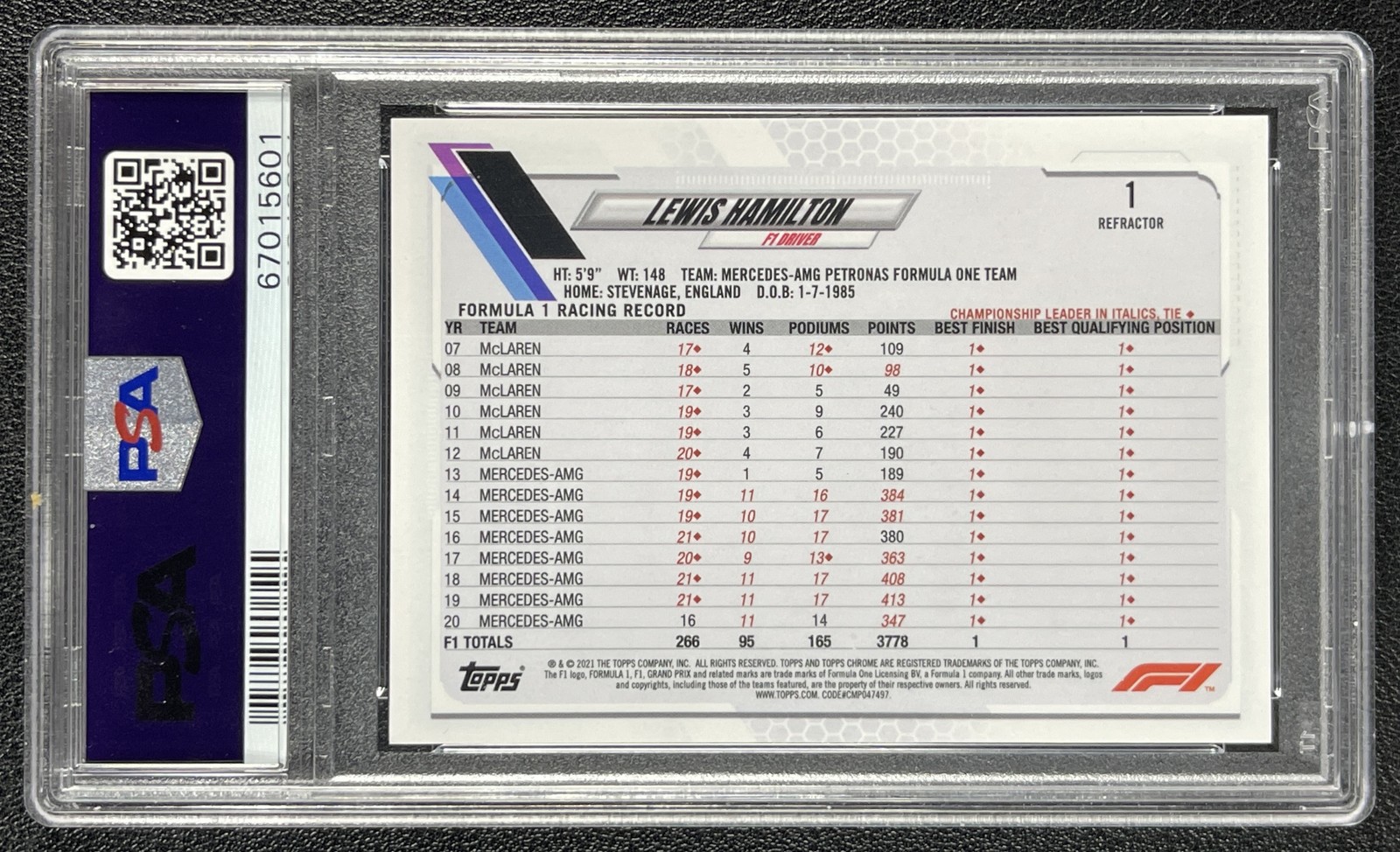 LEWIS HAMILTON PSA 9 2021 TOPPS CHROME FORMULA 1 #1 REFRACTOR PORTRAIT 5601 view 2