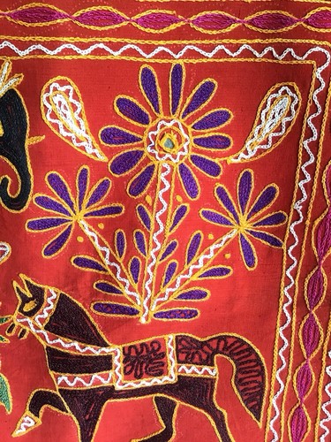 Vintage India Folk Art Red Embroidered Elephant Horse Square Throw Pillow Cover - Picture 3 of 7