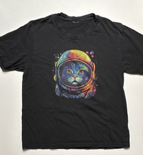Youth Black Cotton Astronaut Cat Graphic Funny cat Crew Neck Size S