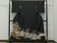 Heiwaya Kimono Luxurious black tomesode landscape flower pattern pure silk