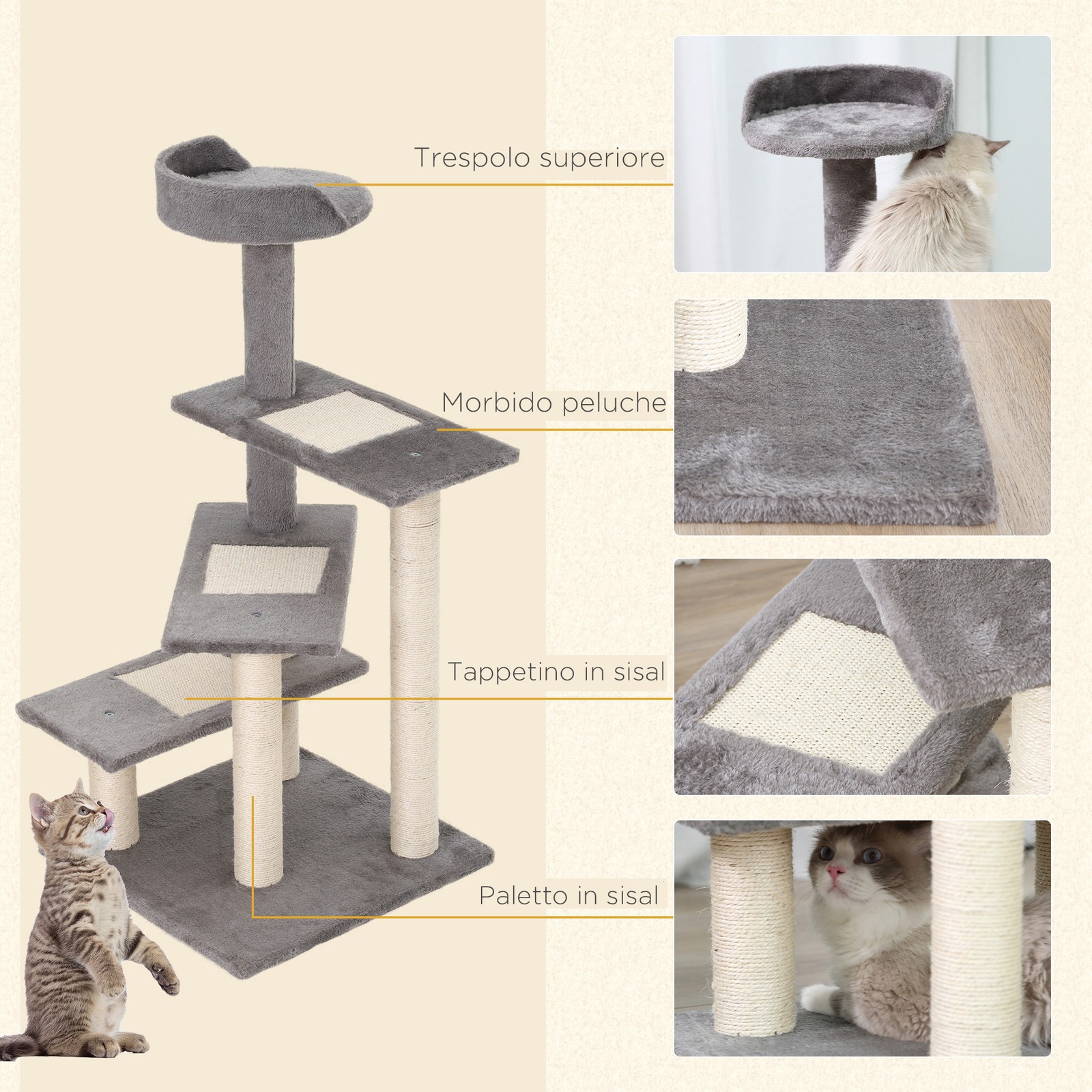 Tiragraffi per Gatti da 100cm con Lettino Rotondo, Pali in Sisal e Rivestimento foto 4