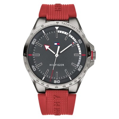 TOMMY HILFIGER 1791527 BLACK DIAL RED SILICONE STRAP MEN'S SPORT 44MM WATCH