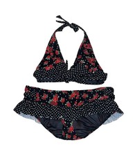 Hot Topic Ruffled Rose Polka Dot Print Two Piece Swimsuit Bikini Sz L / XXL