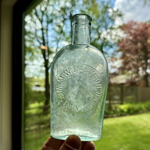 M W Babylon Westminster MD Rare Aqua Blown Strap Side Whiskey Flask Bottle 1890s