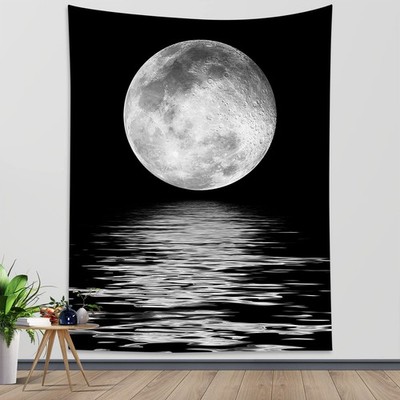 Small Full Moon Over Ocean Tapestry Wall Hanging, Starry Night Sky Wall Tapes...