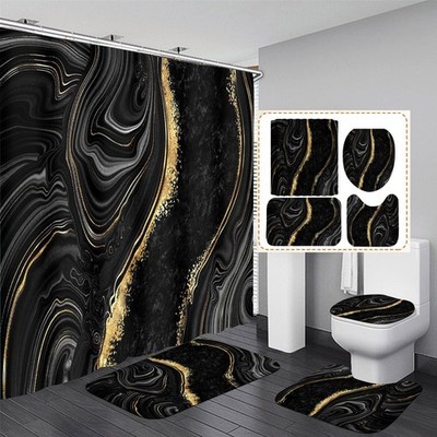 Nkzply 4-Piece Black Marble Shower Curtain Set 72''x72'' Gold Bathroom