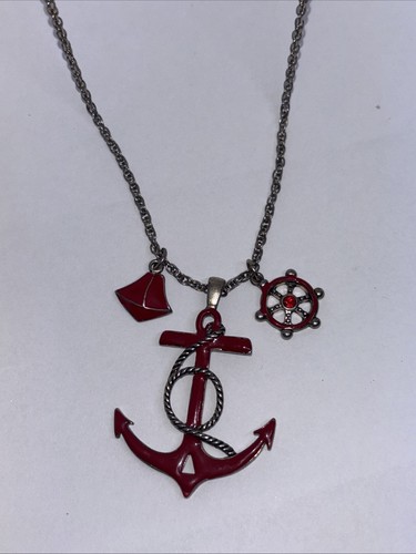 Vintage Anker Segelboot Schiff Rad Maritim 3 Emaille Charm Anhänger Halskette 30"