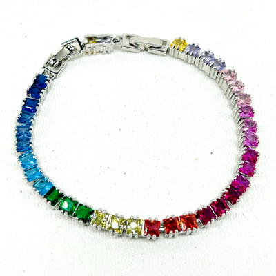 Sparkly Cubic Zirconia Silver Tone Rainbow Tennis Bracelet Extender 8''
