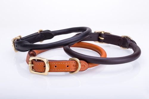 Handmade strong Rolled European leather dog collar with solid brass fittings