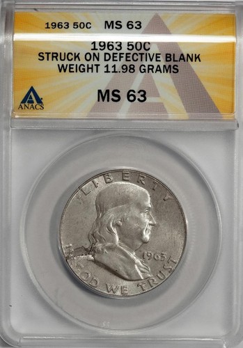1963 ANACS MS63 Struck On Defective Planchet Blowhole Franklin Half Dollar Error - Picture 3 of 4
