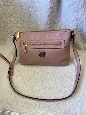 Anne Klein crossbody Bag Purse Gold Tone Zipper Front Lion Logo