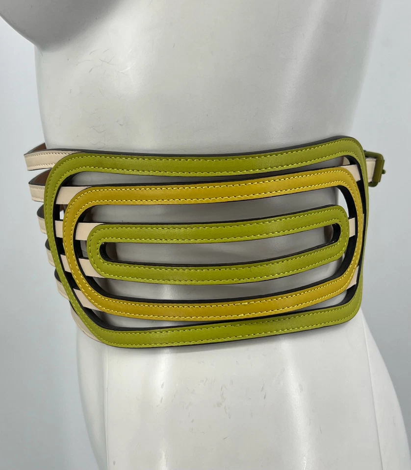 Roberto Cavalli green yellow beige leather 6 row wide Belt Sz 42/75 small - Image 3 of 4