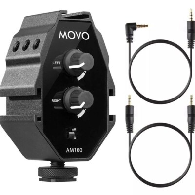 Movo Photo AM100 2-Channel TRS 3.5mm Microphone Audio Mixer w/3-Cold Shoe Mounts