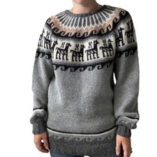 Vintage Womens Hand Knit Gray Alpaca Fair Isle Neutral Hippie Sweater Sz L