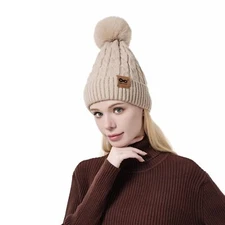 Womens Winter Ribbed Beanie Crossed Cap Pompom Soft Warm Hat Winter Pompom Be...