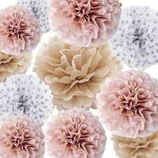 12PCs Tissue Paper Pom Poms Dusty Pink Champagne Silver PD Pompom Party (8"+10")