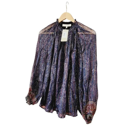 NWT Vanessa Bruno Small Meyer Blouse Keyhole Metallic Ruffle Navy Gold Sheer - Picture 2 of 14
