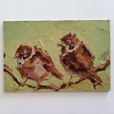 Sparrows Painting Original Oil Art Birds Animals Modern Small Wall Artwork